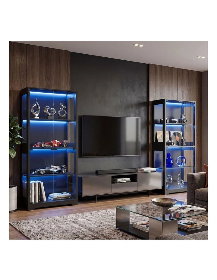 Oikiture 4 Tier Glass Display Cabinet LED Light Bookcase Stand Storage Black image 7