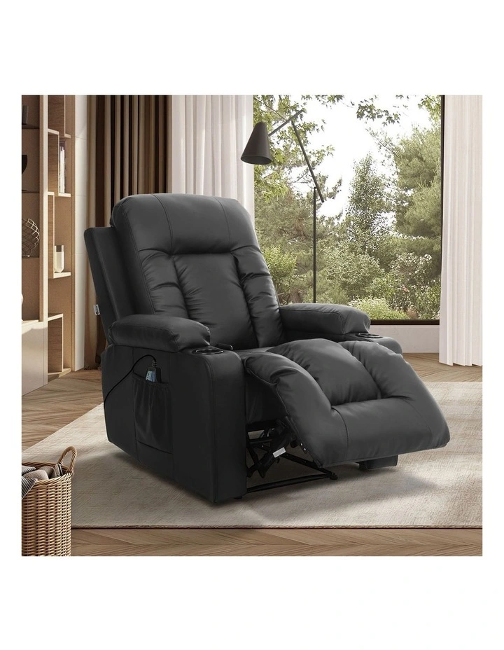 Oikiture Recliner Chair Heated Massage Armchair Lounge Sofa PU Leather Black image 4