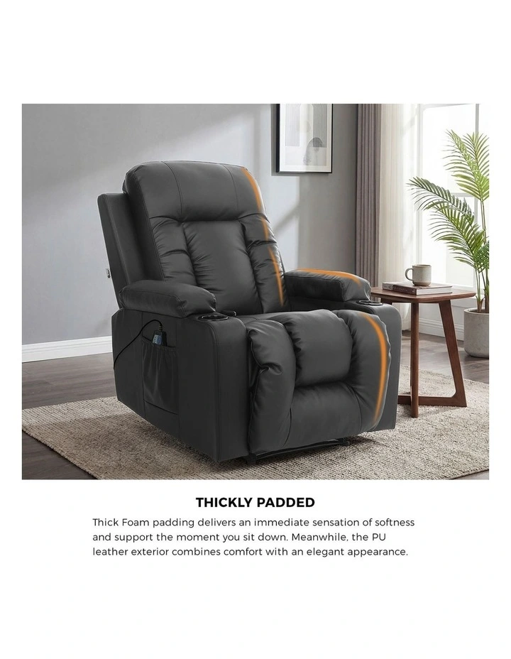 Oikiture Recliner Chair Heated Massage Armchair Lounge Sofa PU Leather Black image 7