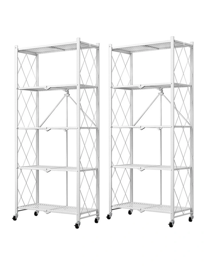 SOGA 2 Pack 5-Tier Foldable Storage Racks with Wheels - White image 1