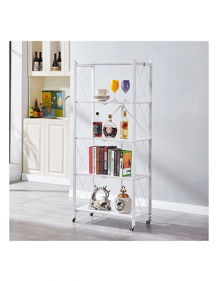 SOGA 2 Pack 5-Tier Foldable Storage Racks with Wheels - White image 5