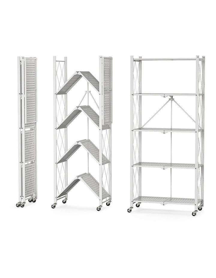 SOGA 2 Pack 5-Tier Foldable Storage Racks with Wheels - White image 6
