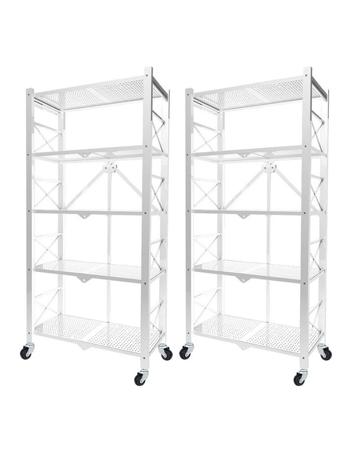 SOGA 2 Pack 5-Tier Foldable Storage Racks with Wheels - White image 1