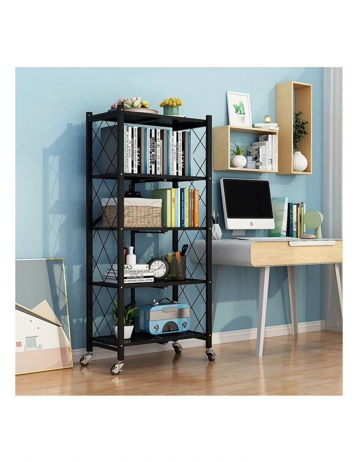 SOGA 2 Pack 5-Tier Foldable Storage Racks with Wheels - Black image 7
