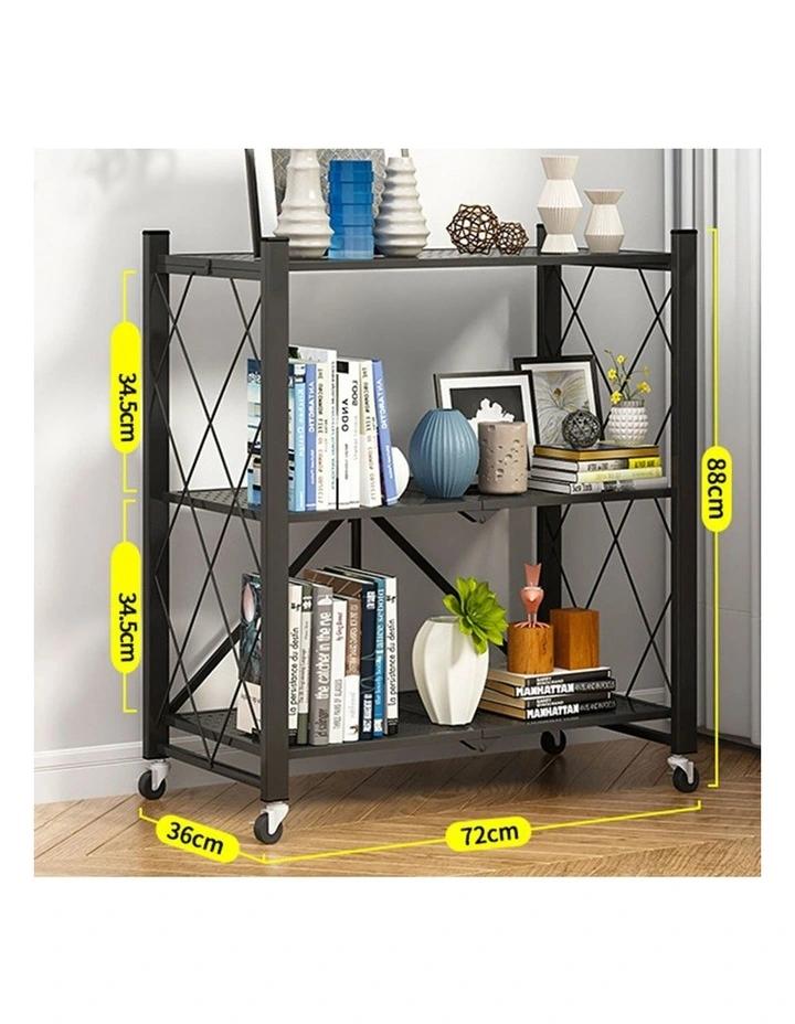 SOGA 3-Tier Foldable Storage Rack with Wheels - Black image 2
