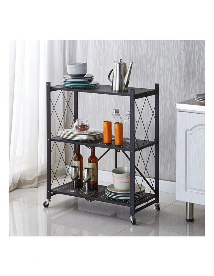 SOGA 3-Tier Foldable Storage Rack with Wheels - Black image 3