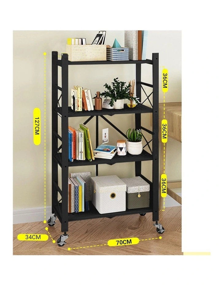 SOGA 4-Tier Foldable Storage Rack with Wheels - Black image 2