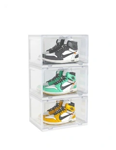 SOGA 3 Tier Transparent Stackable Shoe Storage Box with Magnetic Door