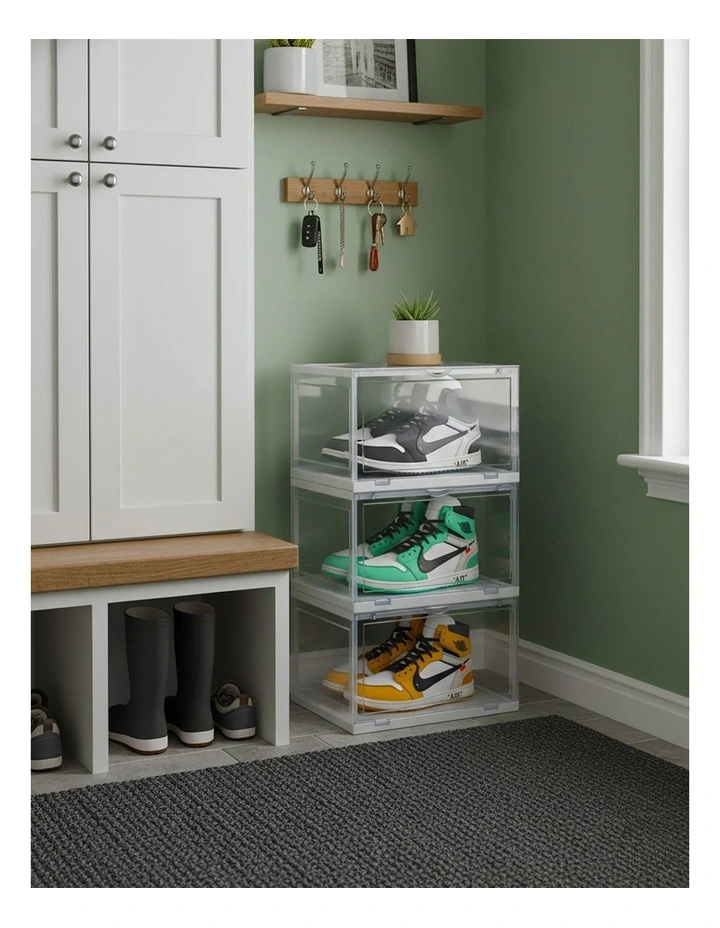 SOGA 3 Tier Transparent Stackable Shoe Storage Box with Magnetic Door image 3