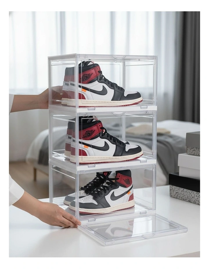 SOGA 3 Tier Transparent Stackable Shoe Storage Box with Magnetic Door image 5