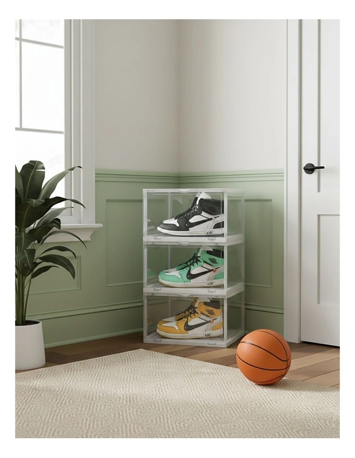 SOGA 3 Tier Transparent Stackable Shoe Storage Box with Magnetic Door image 6