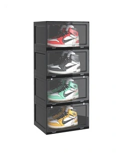 SOGA 4 Tier Black Stackable Shoe Storage Box with Magnetic Door