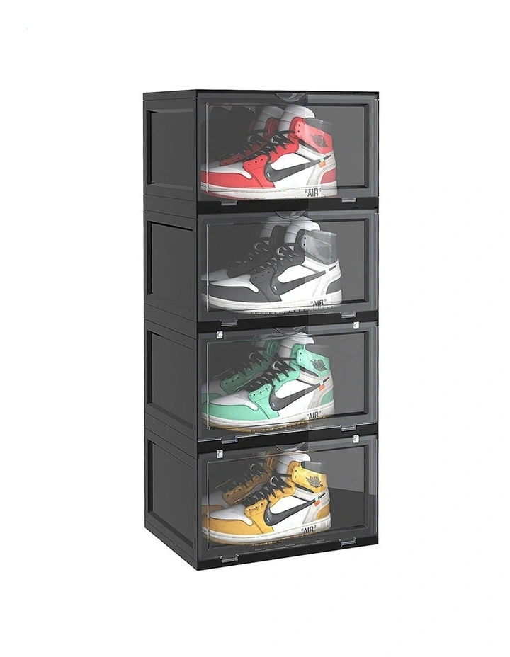 SOGA 4 Tier Black Stackable Shoe Storage Box with Magnetic Door image 1