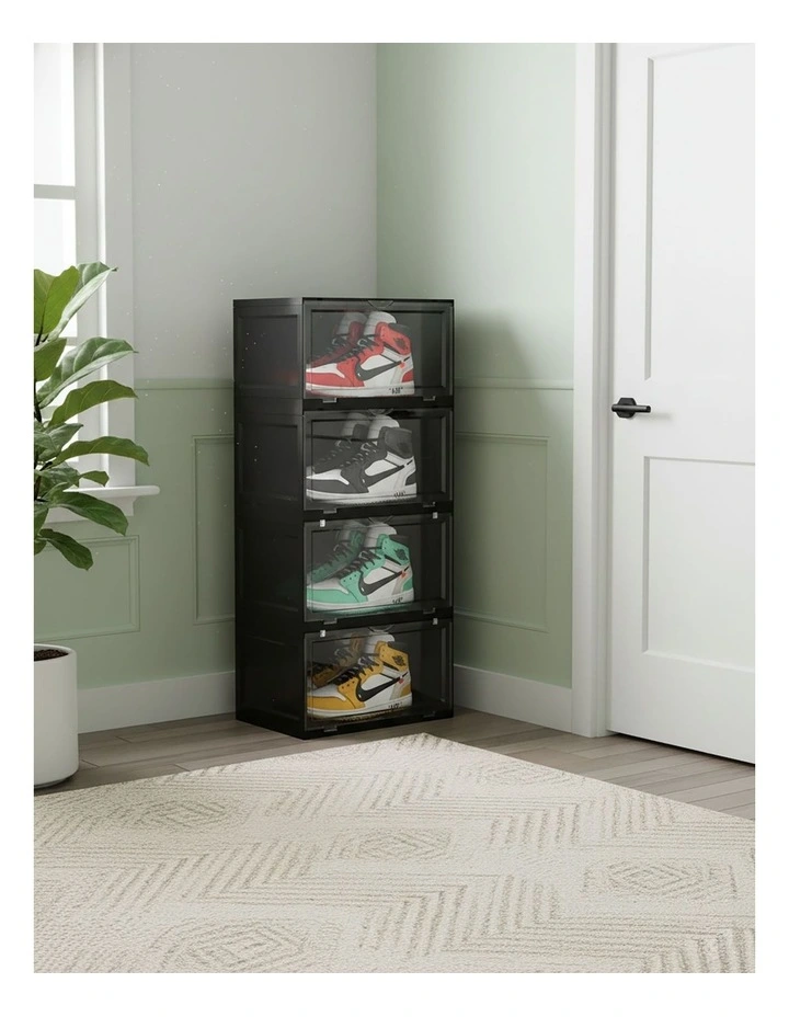 SOGA 4 Tier Black Stackable Shoe Storage Box with Magnetic Door image 3