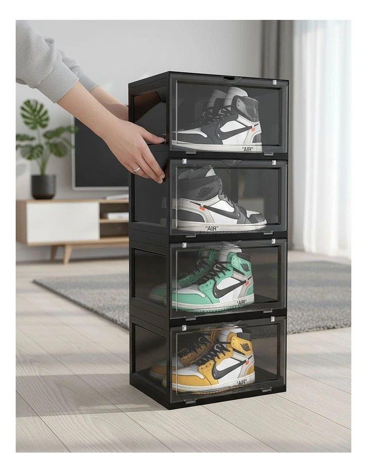 SOGA 4 Tier Black Stackable Shoe Storage Box with Magnetic Door image 4