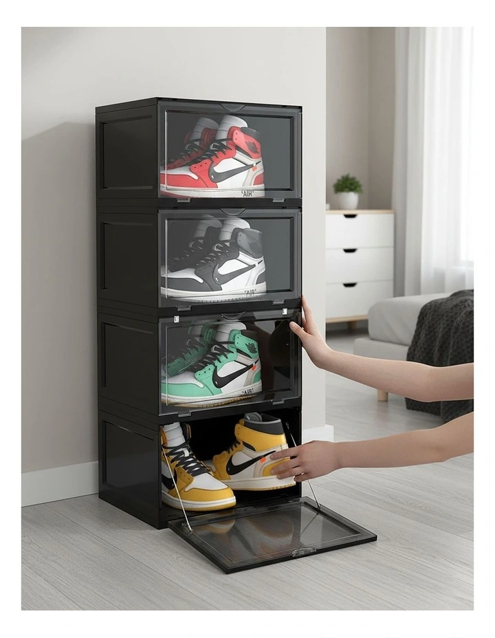 SOGA 4 Tier Black Stackable Shoe Storage Box with Magnetic Door image 5
