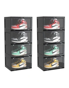 SOGA 2X 4 Tier Black Stackable Shoe Storage Box with Magnetic Door