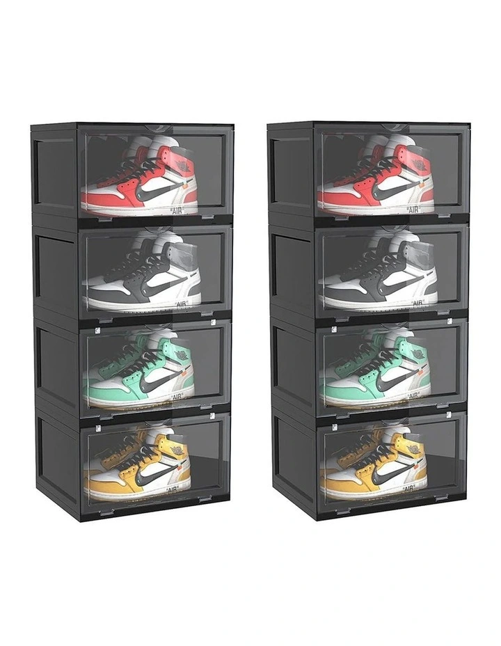 SOGA 2X 4 Tier Black Stackable Shoe Storage Box with Magnetic Door image 1