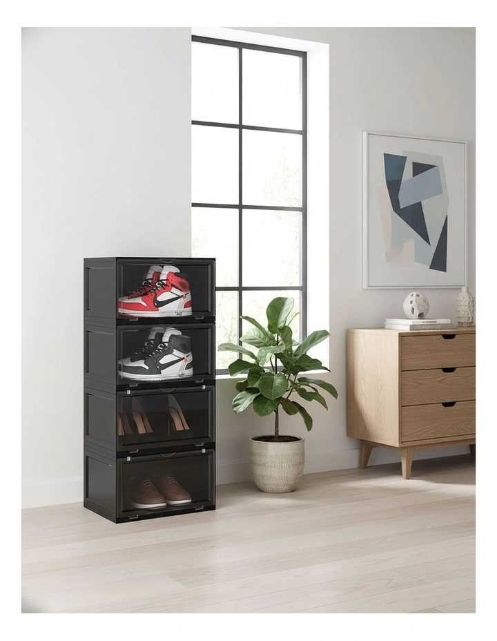 SOGA 2X 4 Tier Black Stackable Shoe Storage Box with Magnetic Door image 2