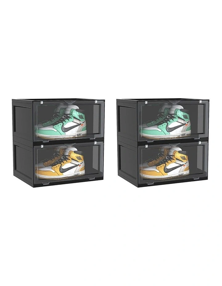 SOGA 2X 2 Tier Black Stackable Shoe Storage Box with Magnetic Door image 1