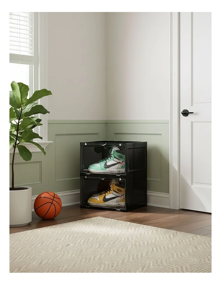 SOGA 2X 2 Tier Black Stackable Shoe Storage Box with Magnetic Door image 3