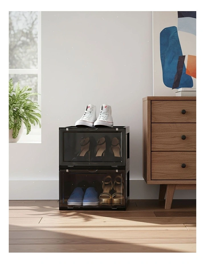 SOGA 2X 2 Tier Black Stackable Shoe Storage Box with Magnetic Door image 4