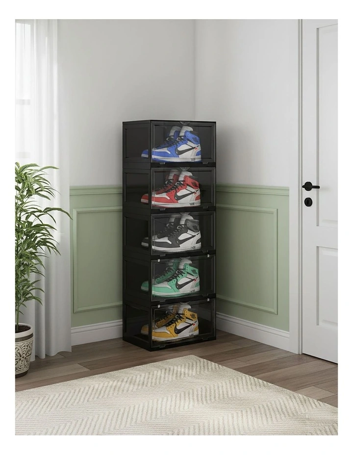 SOGA 5 Tier Black Stackable Shoe Storage Box with Magnetic Door image 3