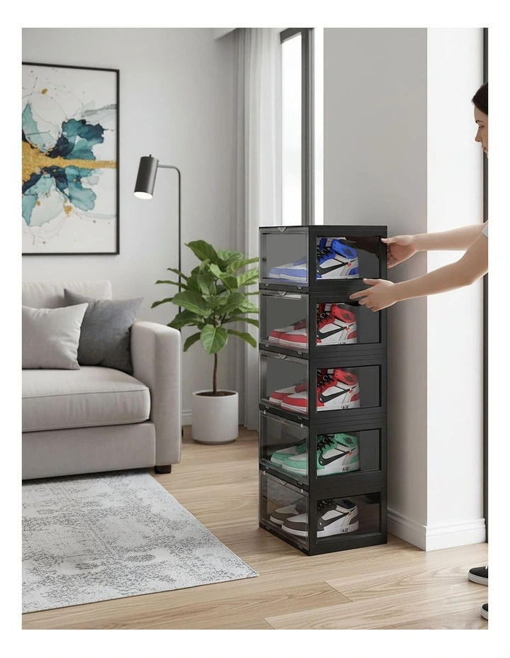 SOGA 5 Tier Black Stackable Shoe Storage Box with Magnetic Door image 4