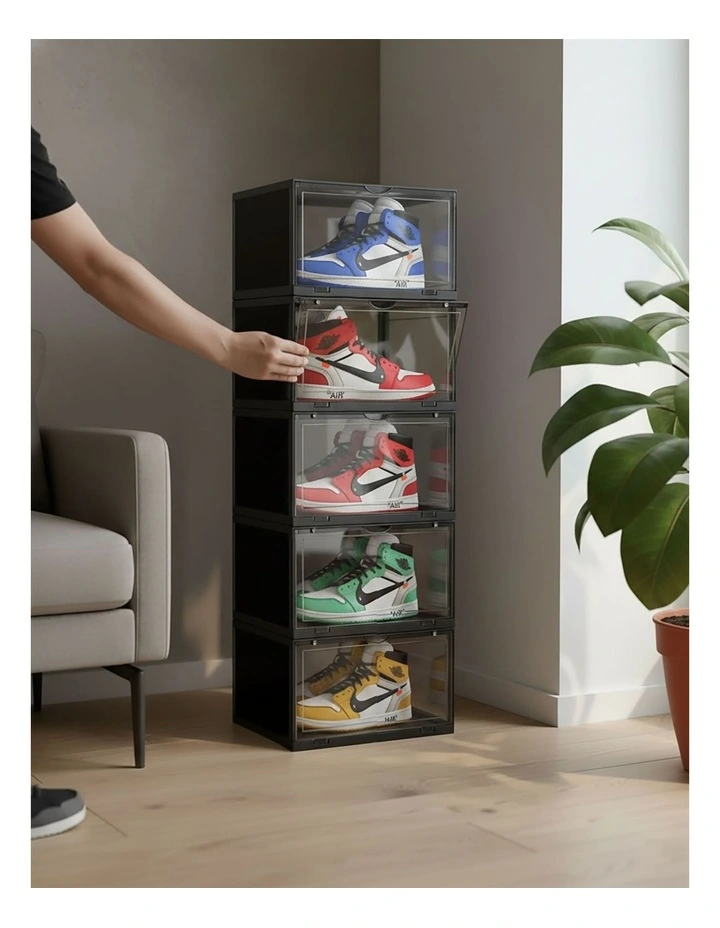 SOGA 5 Tier Black Stackable Shoe Storage Box with Magnetic Door image 5