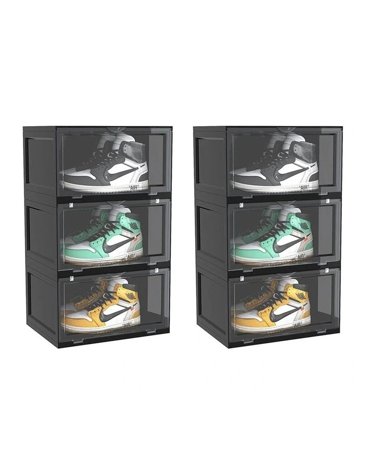 SOGA 2X 3 Tier Black Stackable Shoe Storage Box with Magnetic Door image 1