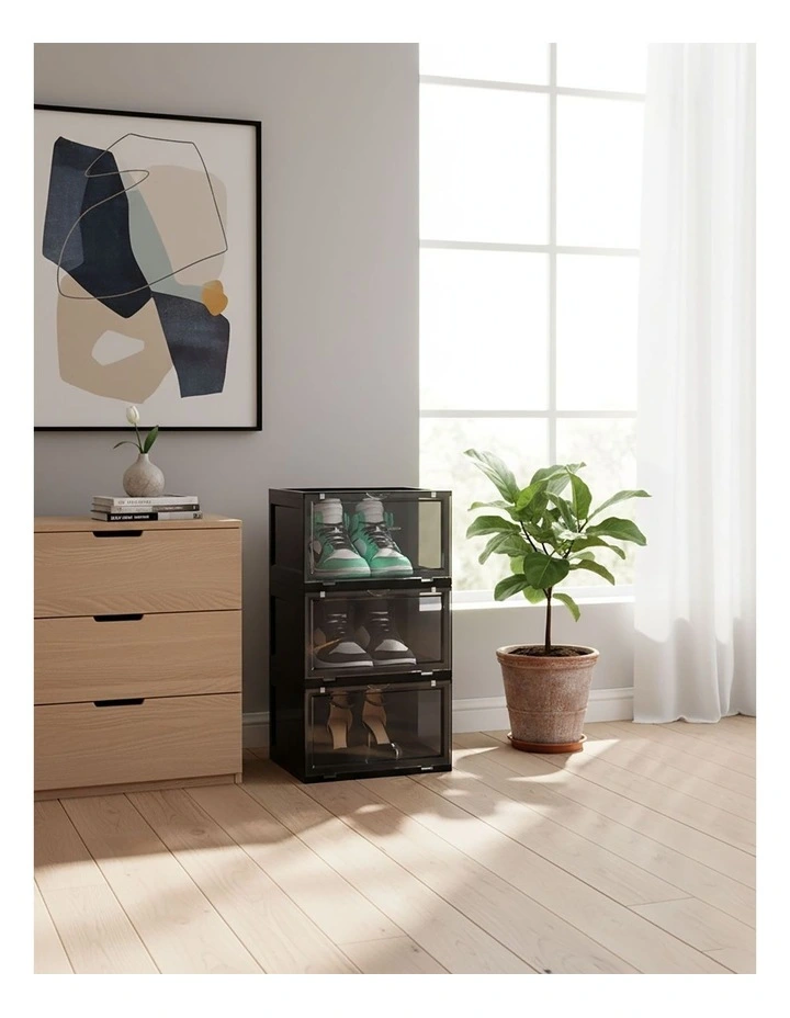 SOGA 2X 3 Tier Black Stackable Shoe Storage Box with Magnetic Door image 2