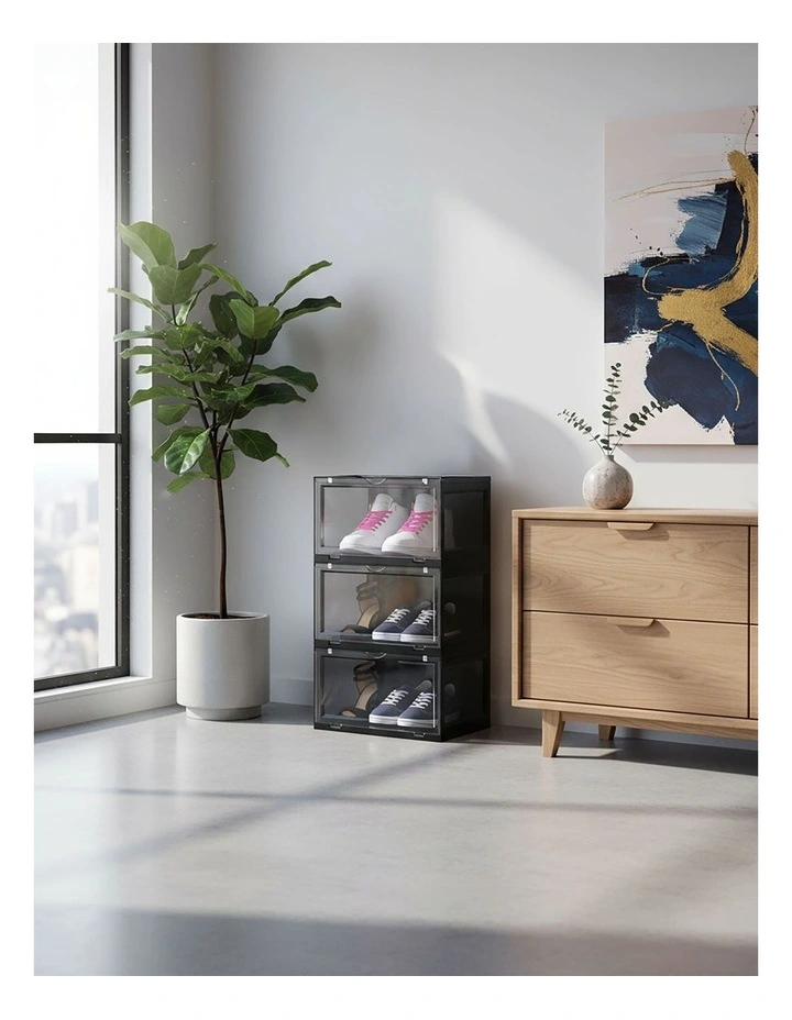 SOGA 2X 3 Tier Black Stackable Shoe Storage Box with Magnetic Door image 4