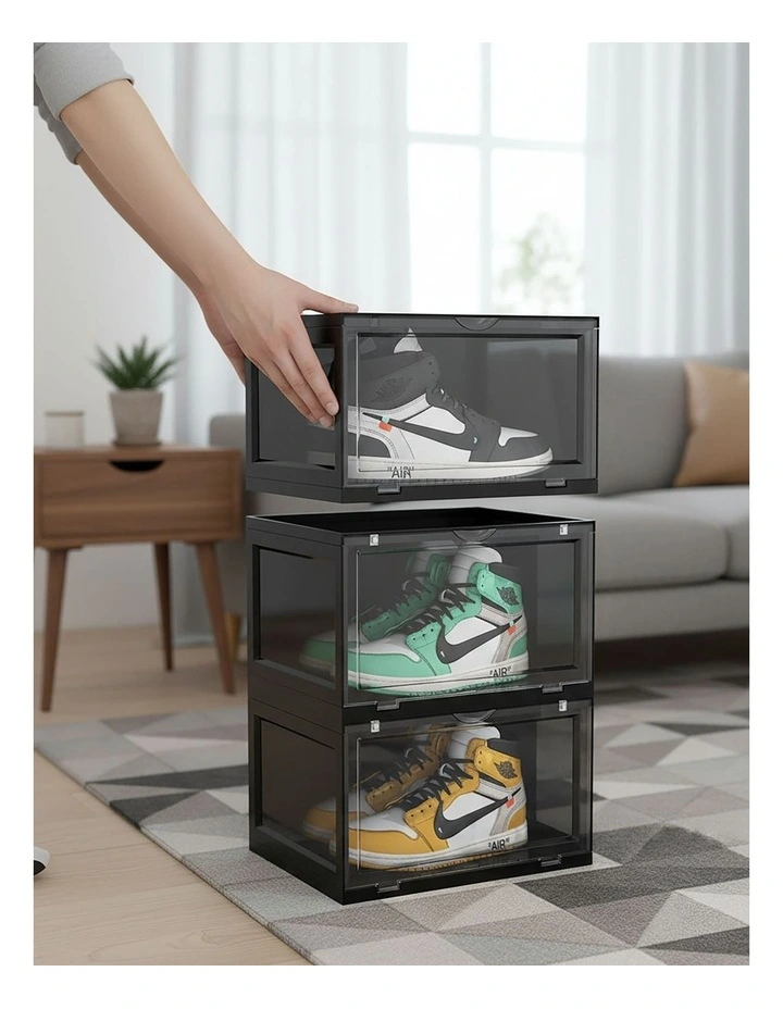 SOGA 2X 3 Tier Black Stackable Shoe Storage Box with Magnetic Door image 5