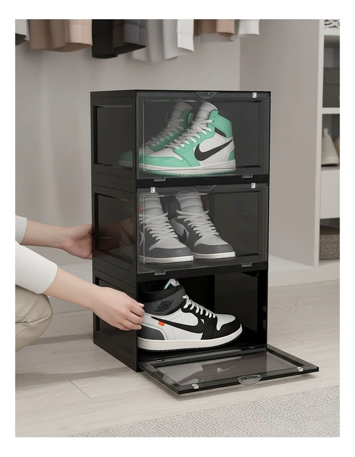 SOGA 2X 3 Tier Black Stackable Shoe Storage Box with Magnetic Door image 6