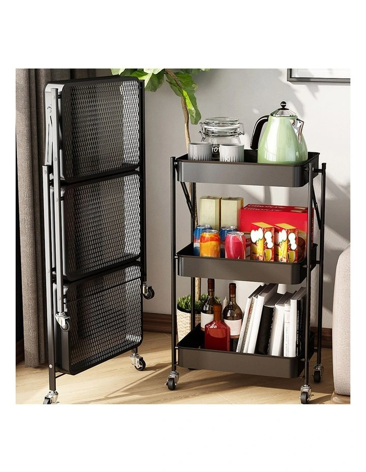SOGA 2 Pack 3-Tier Foldable Storage Racks with Wheels - Black image 3
