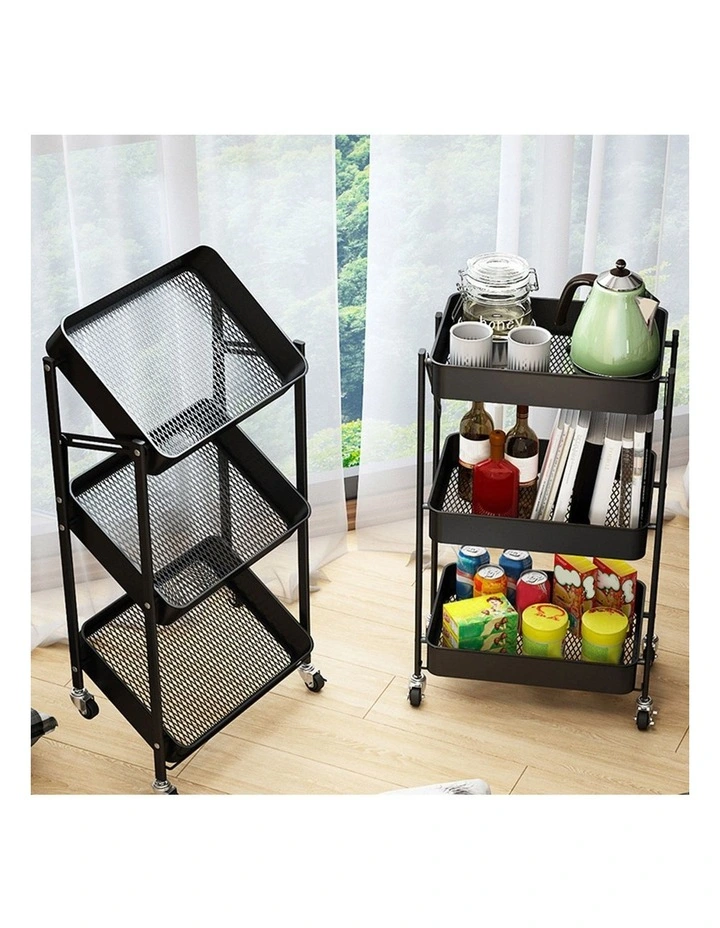 SOGA 2 Pack 3-Tier Foldable Storage Racks with Wheels - Black image 4