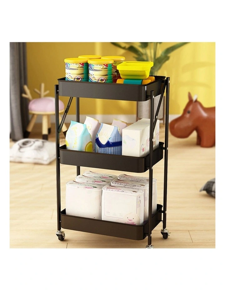 SOGA 2 Pack 3-Tier Foldable Storage Racks with Wheels - Black image 5
