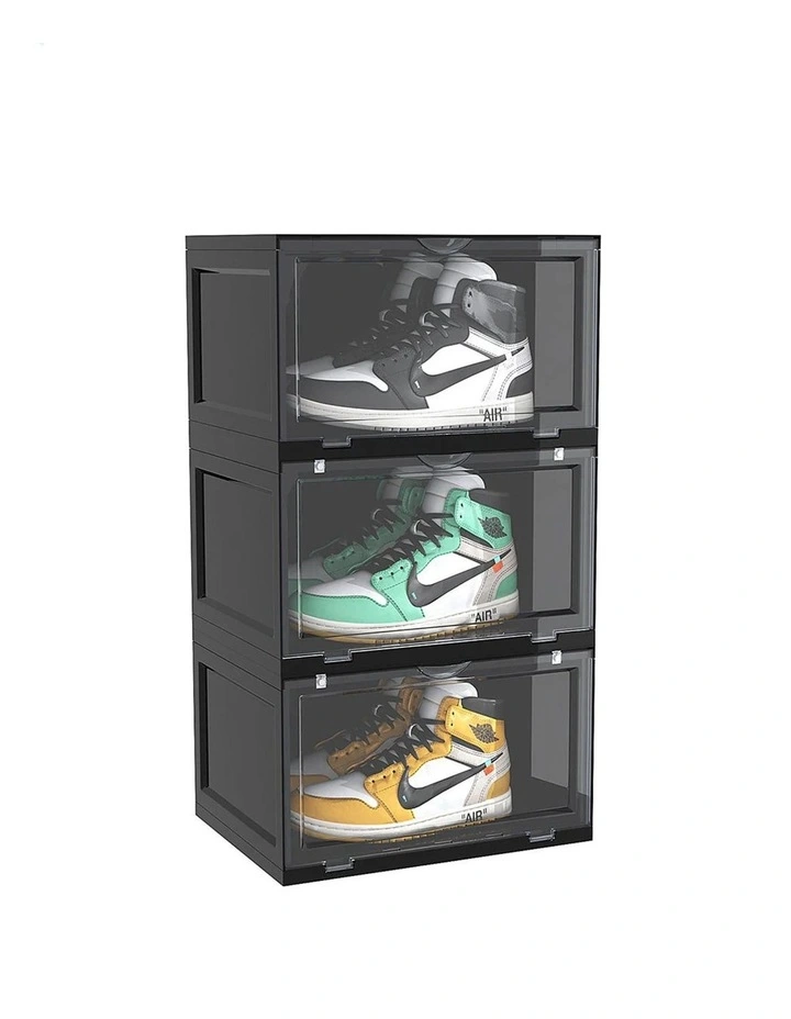 SOGA 3 Tier Black Stackable Shoe Storage Box with Magnetic Door image 1