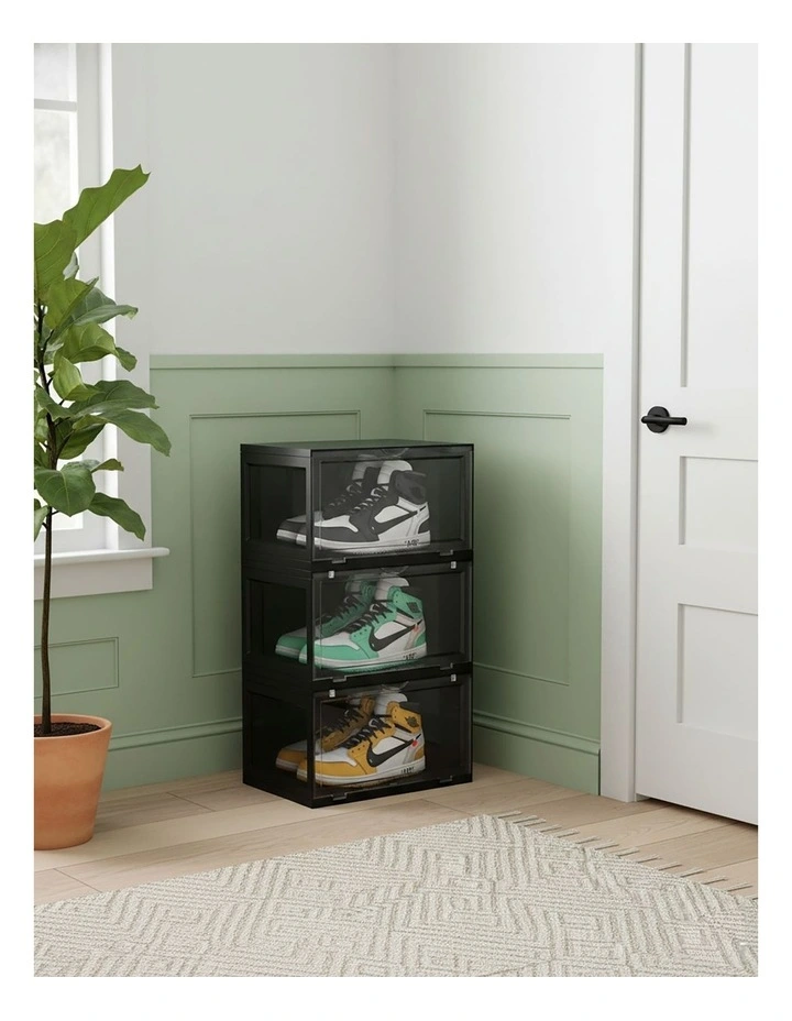 SOGA 3 Tier Black Stackable Shoe Storage Box with Magnetic Door image 5