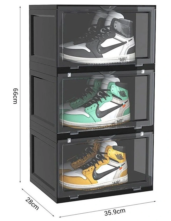SOGA 3 Tier Black Stackable Shoe Storage Box with Magnetic Door image 6
