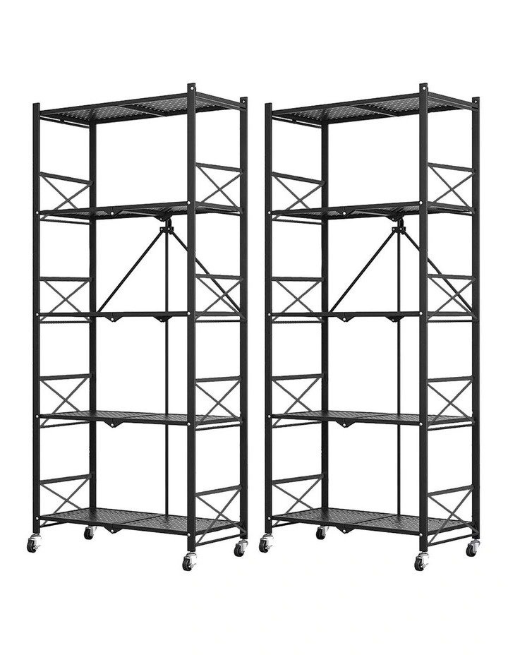 SOGA 2 Pack 5-Tier Foldable Storage Racks with Wheels - Black image 1