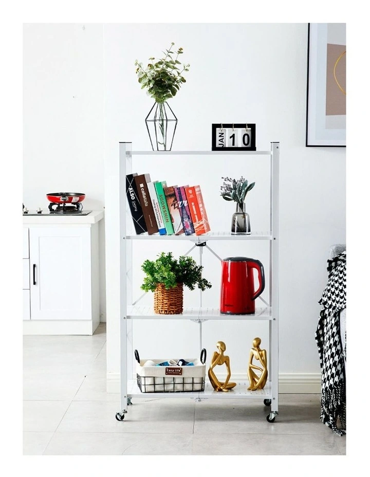 SOGA 4-Tier Foldable Storage Rack with Wheels - White image 5