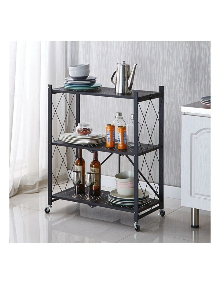 SOGA 2 Pack 3-Tier Foldable Storage Racks with Wheels - Black image 2