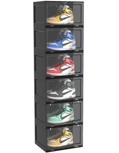 SOGA 6 Tier Black Stackable Shoe Storage Box with Magnetic Door