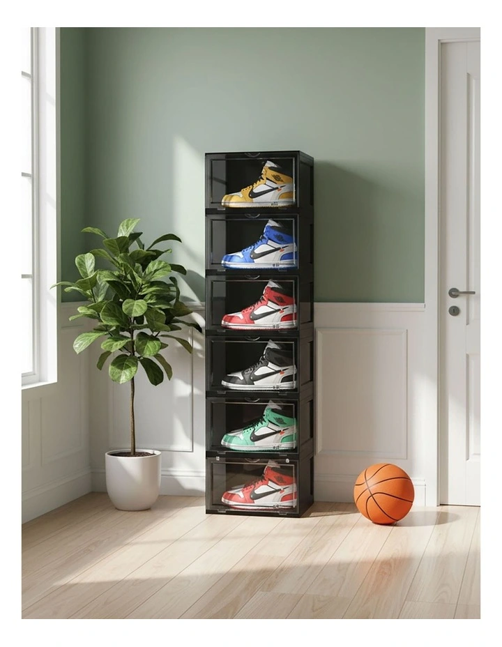 SOGA 6 Tier Black Stackable Shoe Storage Box with Magnetic Door image 4