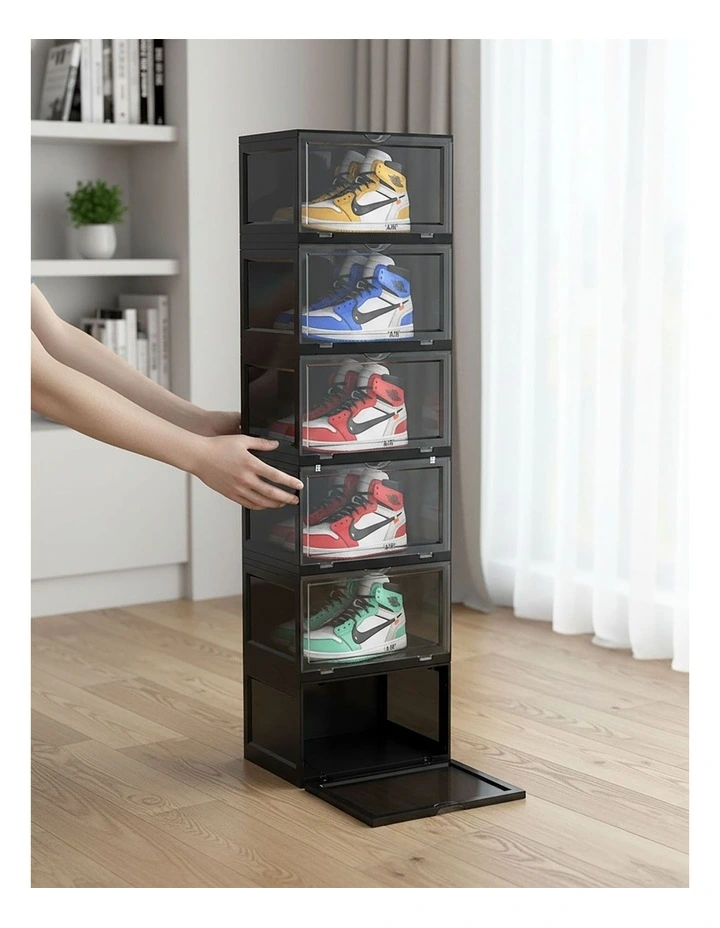 SOGA 6 Tier Black Stackable Shoe Storage Box with Magnetic Door image 6