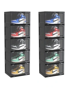 SOGA 2X 5 Tier Black Stackable Shoe Storage Box with Magnetic Door