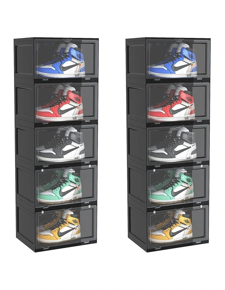 SOGA 2X 5 Tier Black Stackable Shoe Storage Box with Magnetic Door image 1