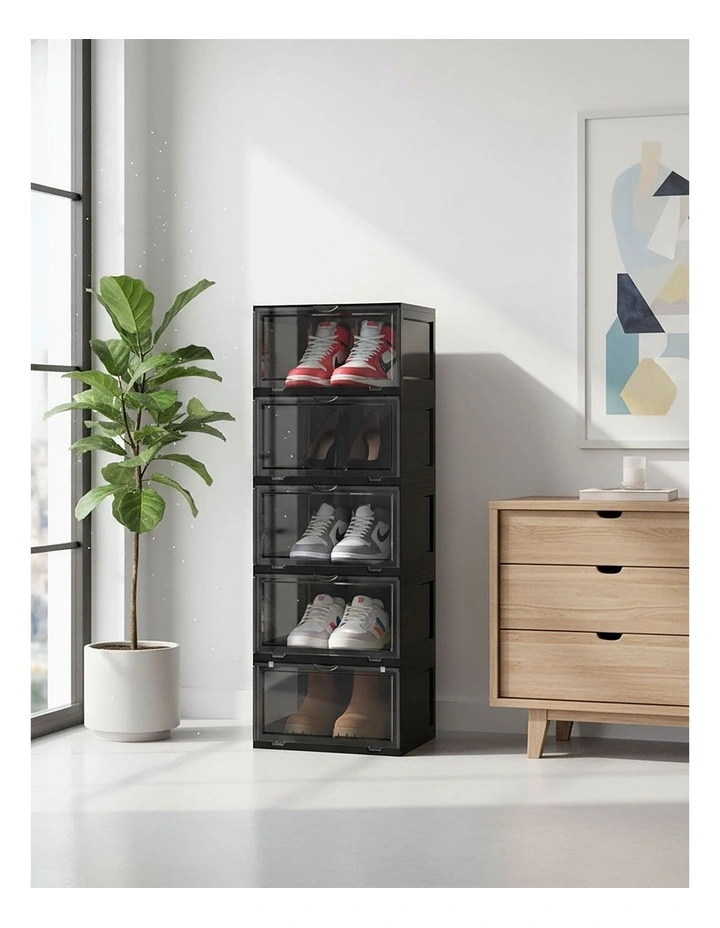 SOGA 2X 5 Tier Black Stackable Shoe Storage Box with Magnetic Door image 2