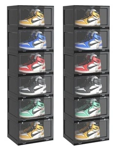 SOGA 2X 6 Tier Black Stackable Shoe Storage Box with Magnetic Door